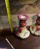 Pair of Dark Pink Floral Ceramic Candlestick Holders