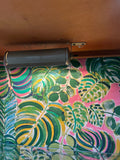 Vintage White Wooden Short Light Up Glass Display Cabinet With Tropical Wallpaper Background