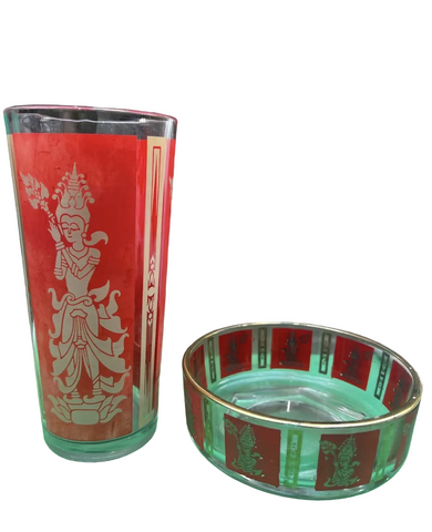 1970s Asian Culver Thai Goddess Glass and Bowl Pair