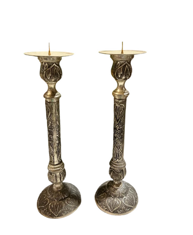 Pair of Silver Tall Etched Candleholders