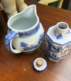Pair of Blue and White Ceramic Dishes- Pitcher and Bath Oil Jar