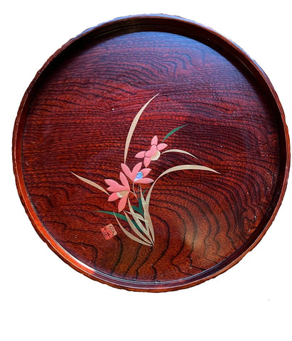 Vintage Round Wooden Asian Style Tray With Floral Accents