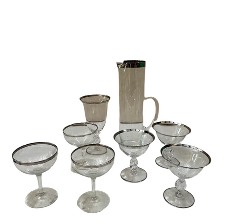 Collection of Silver Rimmed Glasses With Matching Pitcher- Set of 8