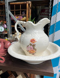 Large White Ceramic Teapot and Bowl With Floral Details
