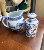 Pair of Blue and White Ceramic Dishes- Pitcher and Bath Oil Jar