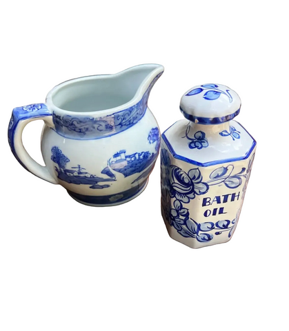 Pair of Blue and White Ceramic Dishes- Pitcher and Bath Oil Jar