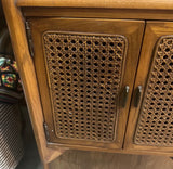 Pair of Wooden Mid-Century End Tables With Caned Accents and Deep Storage