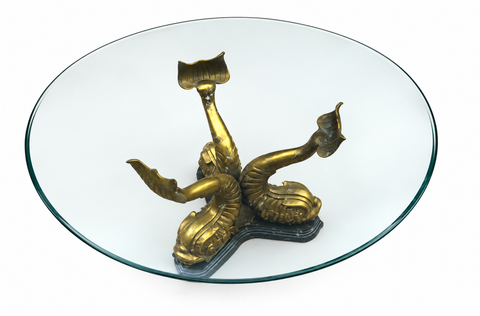 Asian Style Vintage Brass Dolphin Coffee Table With Glass Top