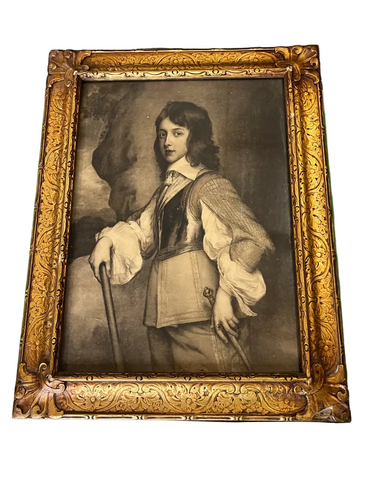 Vintage Black and White Mezzotint Portrait in Gold Frame