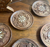 Collection of Hand Carved Wooden Coasters With Holder