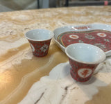 Miniature Set of Vintage Asian Ceramic Cups, Teapot, and Tray- 5 Pieces Total