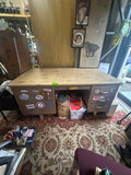 Vintage Industrial Metal Desk With Wooden Top- Stickers Included