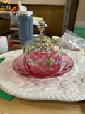 Beautiful Pink Glass Cake Cover and Plate with Floral Accents