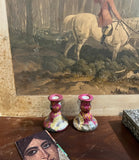 Pair of Dark Pink Floral Ceramic Candlestick Holders
