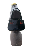 Small Black Leather Bag With Brown Square Details