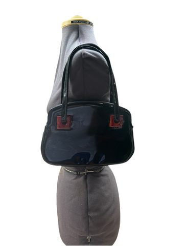 Small Black Leather Bag With Brown Square Details