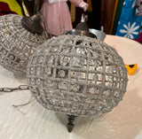 Pair of Round Hollywood Regency Crystal and Bronze Pendant Chandeliers