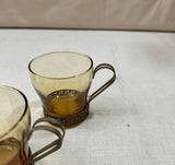 Amber Colored Glasses With Brass Handles and Greek Key Accents- Set of 4