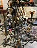 Large Scrolling Black Metal Vintage Chandelier With Leaf Details