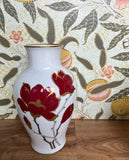 Vintage Ceramic Okura China, Inc White Vase With Red Flowers, Box Included