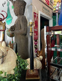 Tall Simple Black Vintage Table Lamp With a Wooden Base and Gold Details