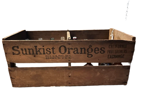 Large Vintage Wooden Sunkist Bottle Barrel and Bottles