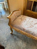 Mid Century Gold Wooden Bench With a Pink Patterned Cushion