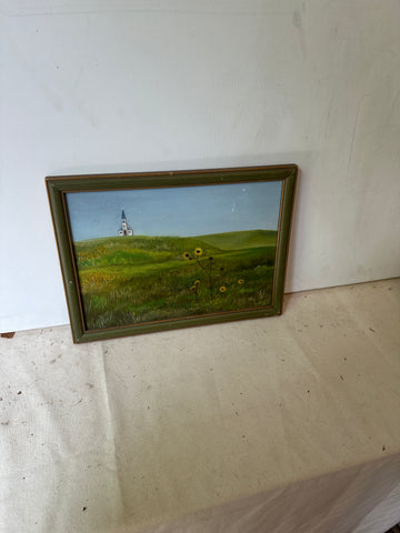 Painting of Flower Field and Church, Framed