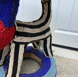 Red and Blue Wooden Hand Beaded African Stool