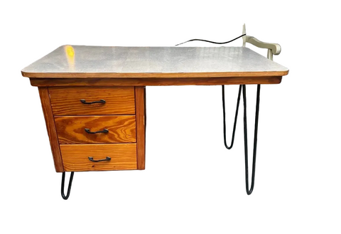 Vintage Petite Wooden Desk With Iron Legs