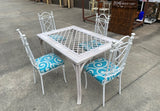 1970s White Wicker Dining Table With Metal Chairs and Blue Accent Cushions