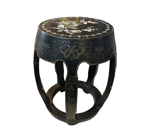 Vintage Asian Style Black Wooden Plant Stand With Mother of Pearl Accents, Slight Condition Issues