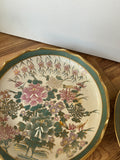 Asian Ceramic Pink and Teal Plates with Gold Rims and Floral Accents
