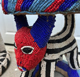 Red and Blue Wooden Hand Beaded African Stool
