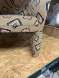 Pair of Fun Design Covered Tan Chairs on Wheels- Missing 1 Wheel