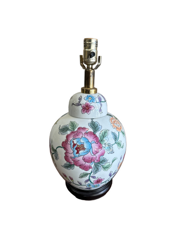 Vintage Hand Painted Table Lamp with Pink Peony Accents