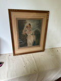 Antique Signed Print of Woman in Garden, Framed
