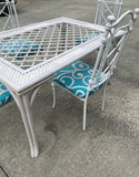 1970s White Wicker Dining Table With Metal Chairs and Blue Accent Cushions