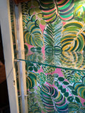 Vintage White Wooden Short Light Up Glass Display Cabinet With Tropical Wallpaper Background