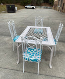 1970s White Wicker Dining Table With Metal Chairs and Blue Accent Cushions