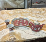 Miniature Set of Vintage Asian Ceramic Cups, Teapot, and Tray- 5 Pieces Total