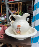 Large White Ceramic Teapot and Bowl With Floral Details
