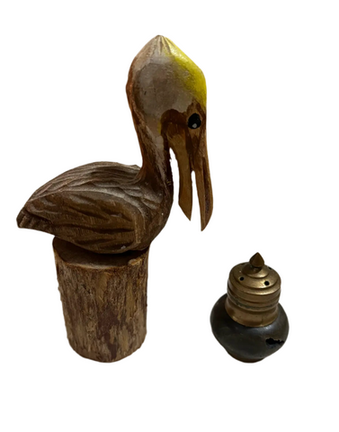 Wooden Pelican and Black and Brass Salt and Pepper Shaker