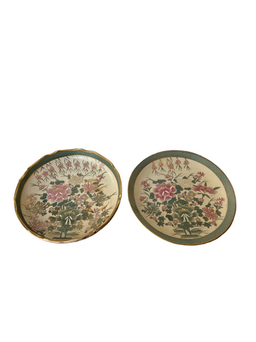 Asian Ceramic Pink and Teal Plates with Gold Rims and Floral Accents