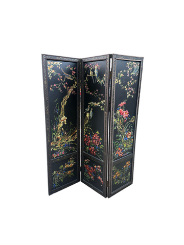 Vintage Black Hand Painted Screen With Floral and Textile Details