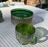 Trio of Green Glass and Silver Serving Pieces