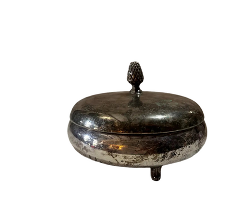 Small Silver Round Dish With Matching Lid and Acorn Accent