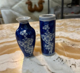Pair of Vintage Miniature Blue and White Floral Asian Style Vases