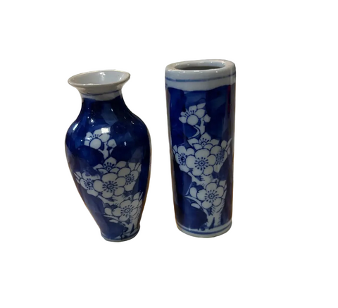 Pair of Vintage Miniature Blue and White Floral Asian Style Vases