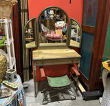 Antique Green Metal Vanity With Matching Seat